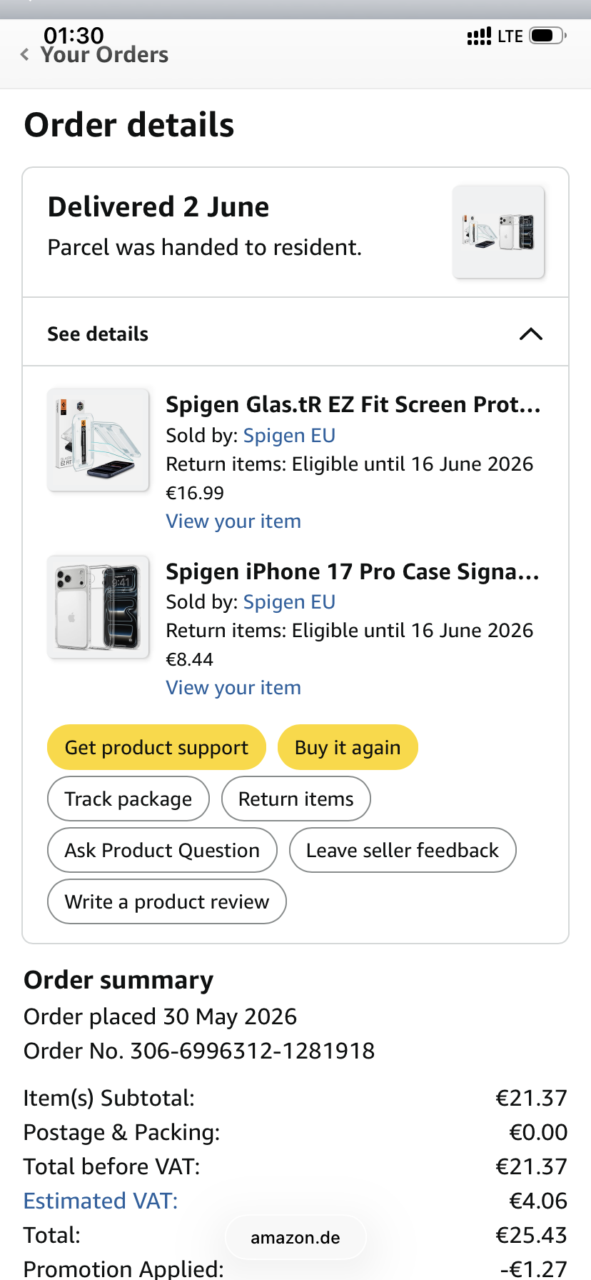 “View order details” — full item names and prices for the declaration.