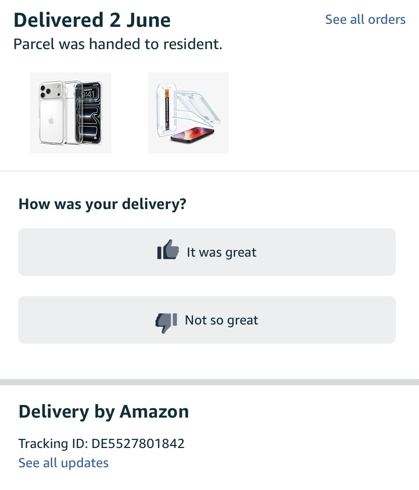 The dispatch email with the Tracking ID.